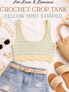 For Love & Lemons Crochet Crop Tank Yellow Mint Striped Boho Festival Summer XS